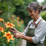 Femme en jardinage taillant des lys dans un jardin verdoyant