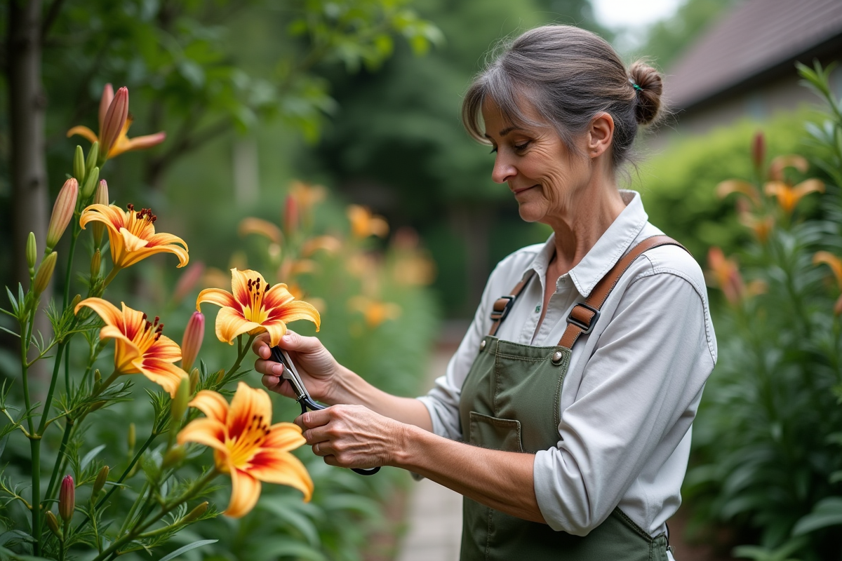 Femme en jardinage taillant des lys dans un jardin verdoyant