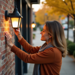 Femme ajustant une lanterne moderne devant sa maison