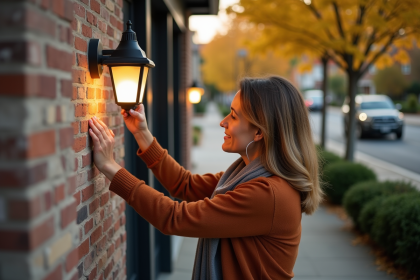 Femme ajustant une lanterne moderne devant sa maison