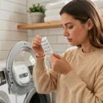 Femme lisant les symboles de lavage sur une étiquette de vêtement devant une machine à laver ouverte dans une buanderie moderne