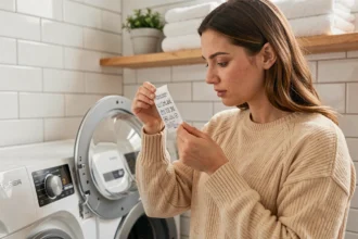 Femme lisant les symboles de lavage sur une étiquette de vêtement devant une machine à laver ouverte dans une buanderie moderne