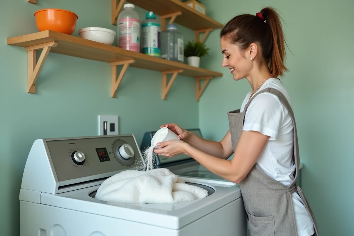 Femme versant de la lessive en poudre dans un lave-linge chargé d'une couette blanche dans une buanderie domestique