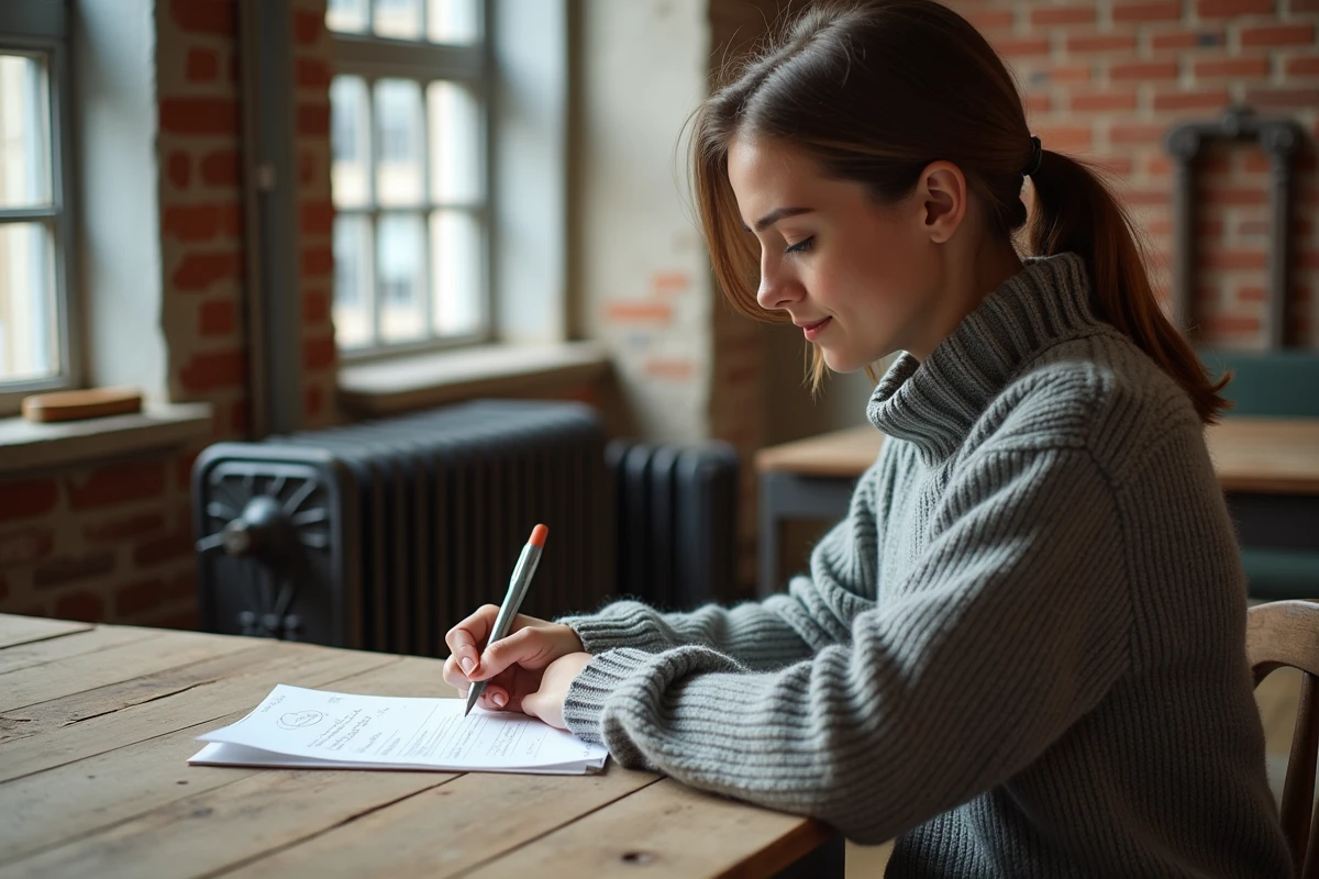 Jeune femme vérifiant une facture près d’un radiateur vintage dans un loft
