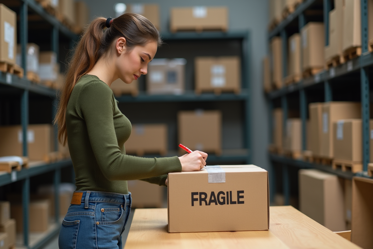 Jeune femme écrivant fragile sur un colis dans un entrepôt