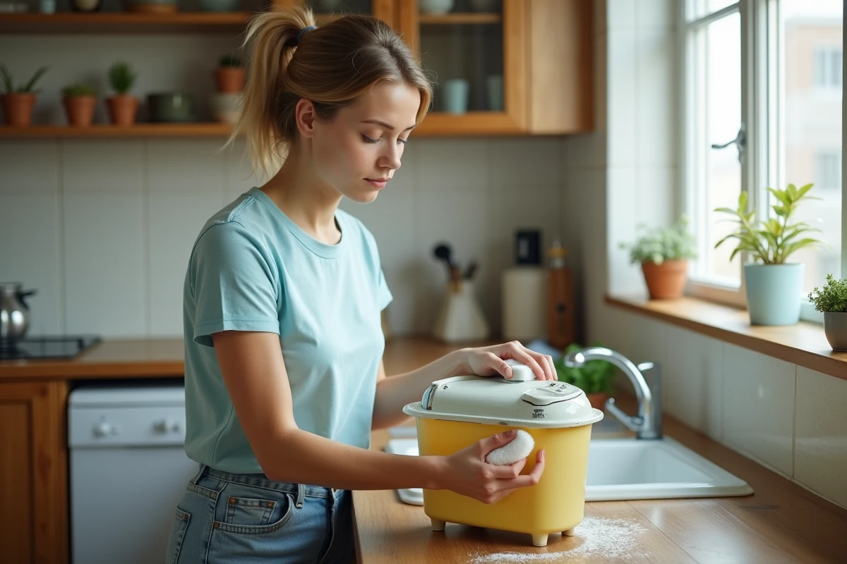 Jeune femme nettoyant un appareil de cuisine ancien