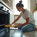 Jeune femme nettoyant l'intérieur d'un four dans une cuisine moderne