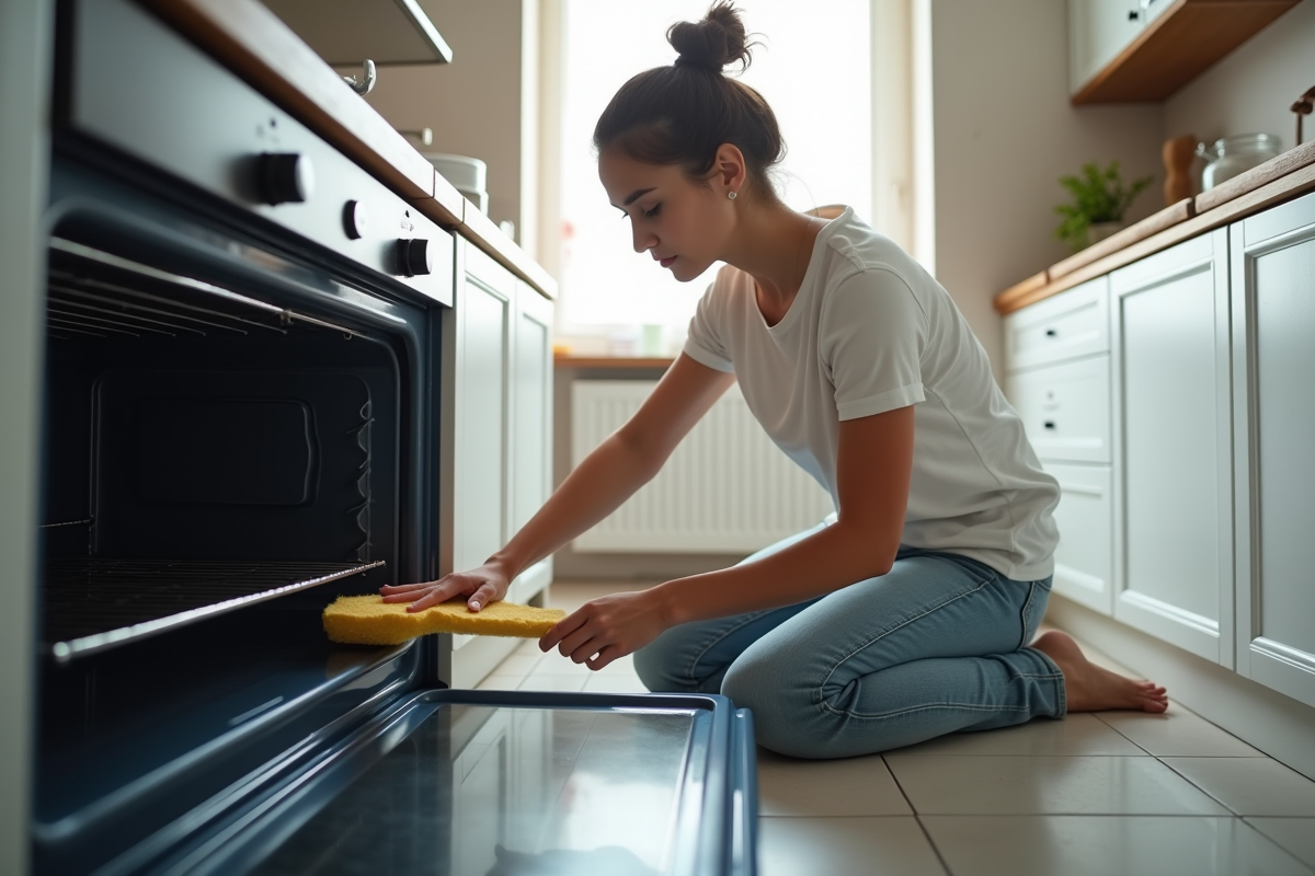 Jeune femme nettoyant l'intérieur d'un four dans une cuisine moderne