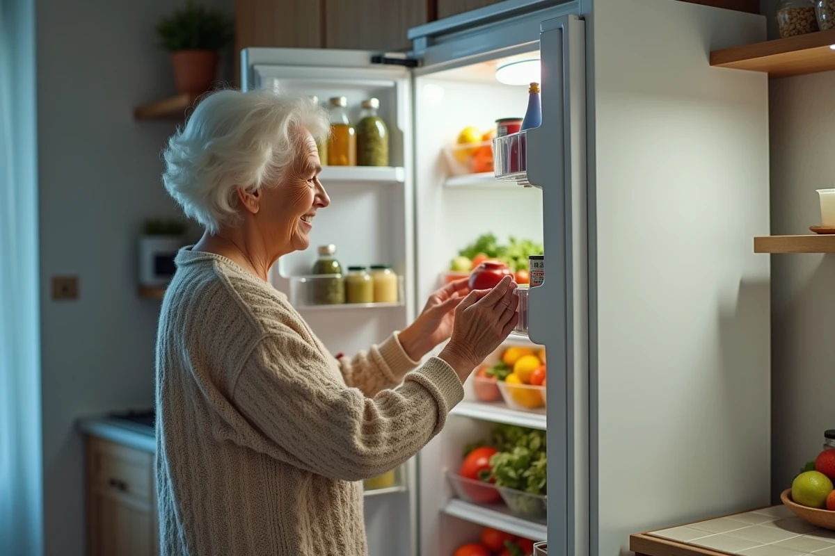 Femme âgée rangeant des courses dans un réfrigérateur lumineux