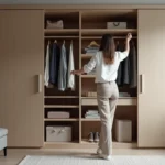 Femme organisant un placard moderne dans une chambre élégante