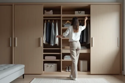 Femme organisant un placard moderne dans une chambre élégante