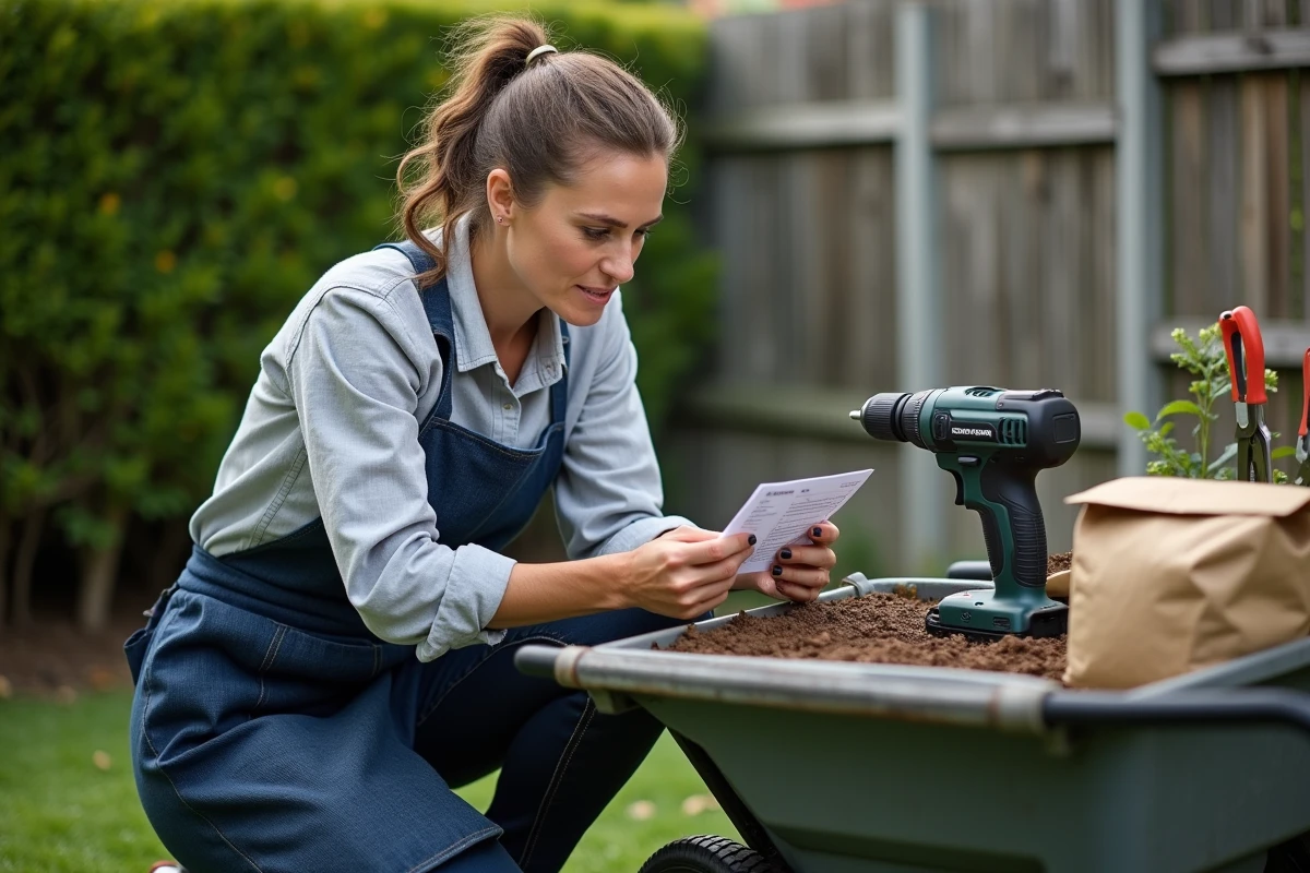 Femme comparant les prix d'outils de jardinage et de bricolage dans un jardin résidentiel avec liste de prix imprimée