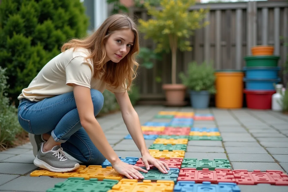 Jeune femme pose des pavés en plastique colorés dans une cour extérieure