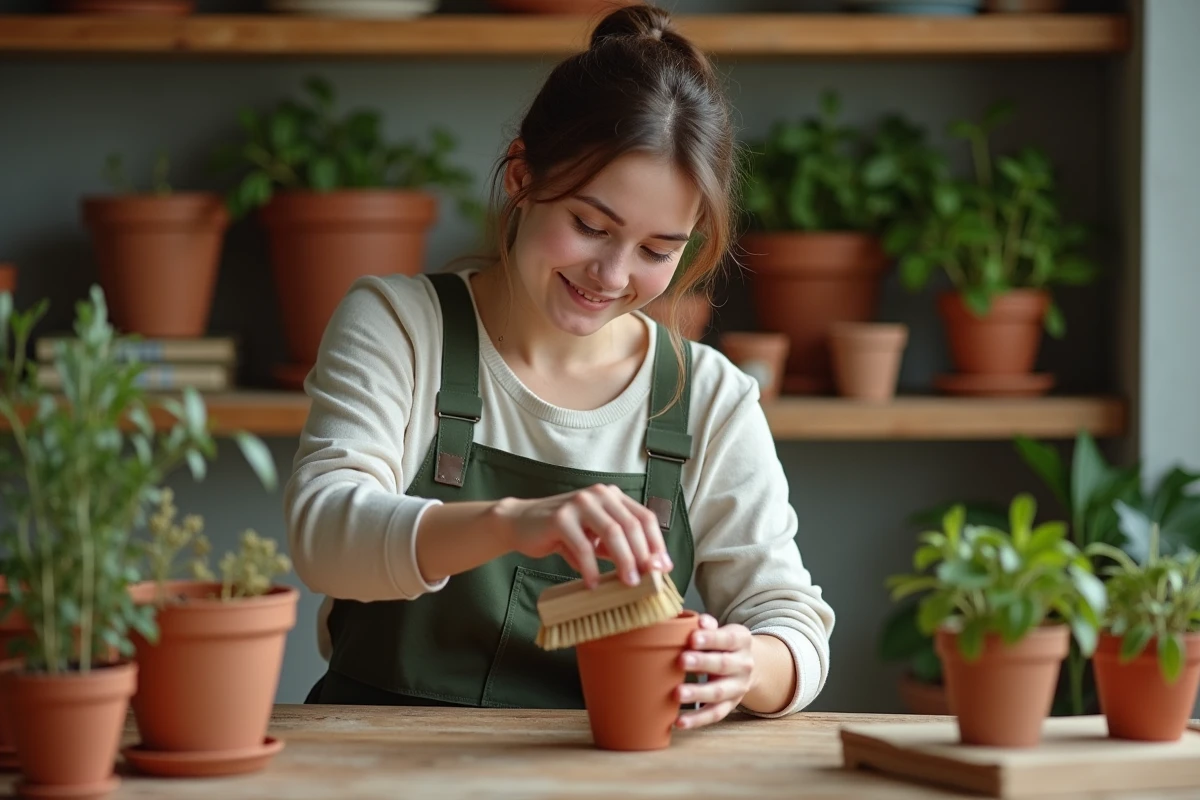 Jeune femme nettoyant des pots en terre cuite à l