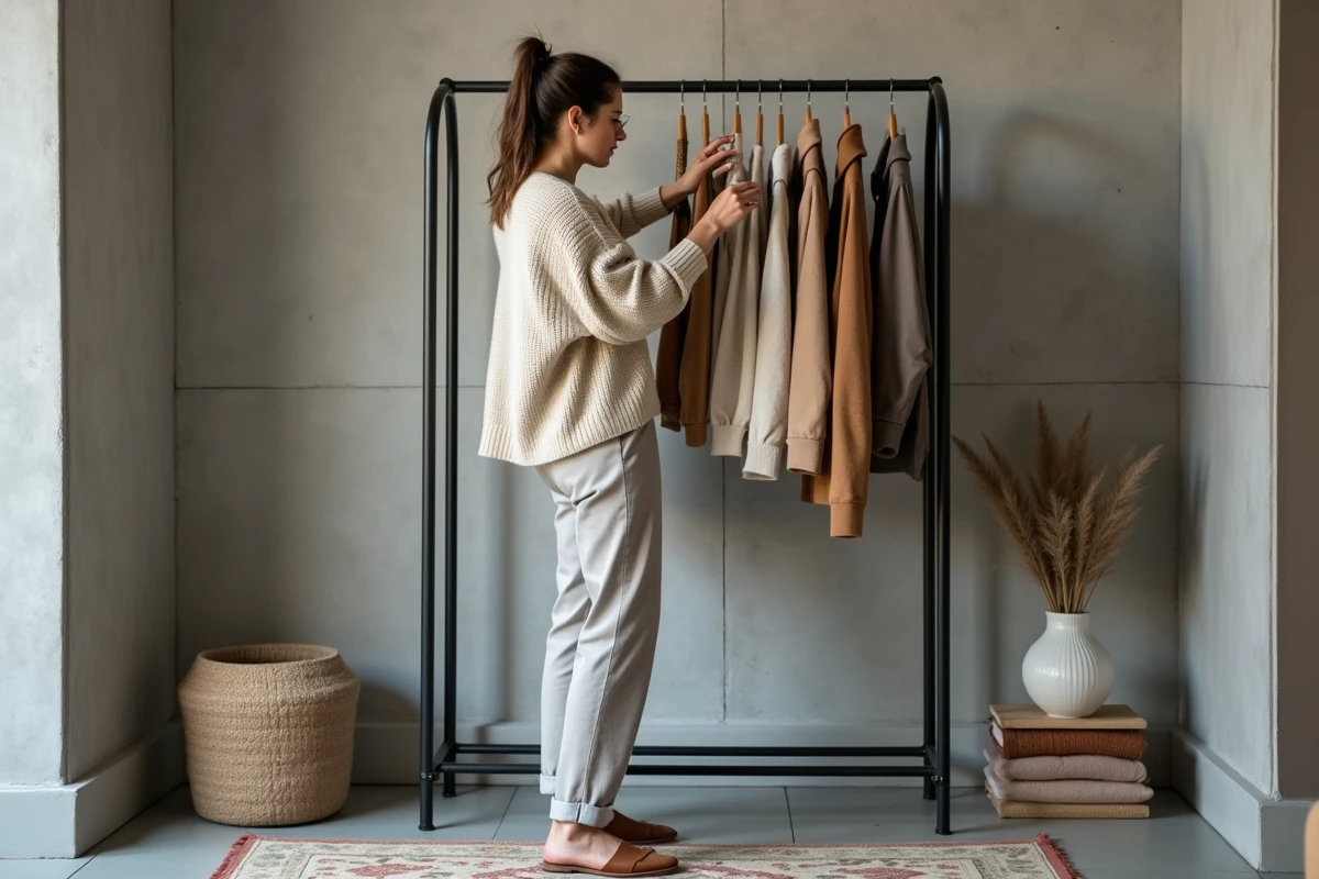 Jeune femme organisant ses vêtements sur un portant métallique autoportant dans un appartement en location aux murs en béton