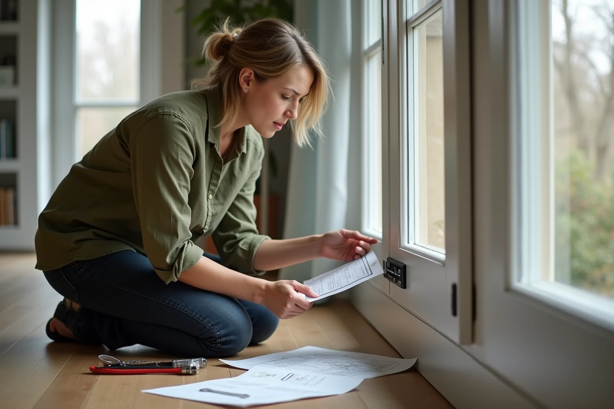 Femme consultant un guide d'installation Bubendorff pour régler son volet roulant avec un kit d'outils
