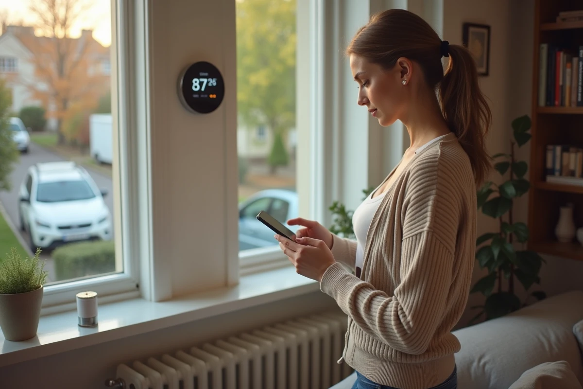 Jeune femme ajuste son thermostat connecté dans le salon
