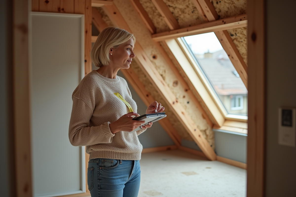 Femme en jean dans un atelier attic renové avec isolation