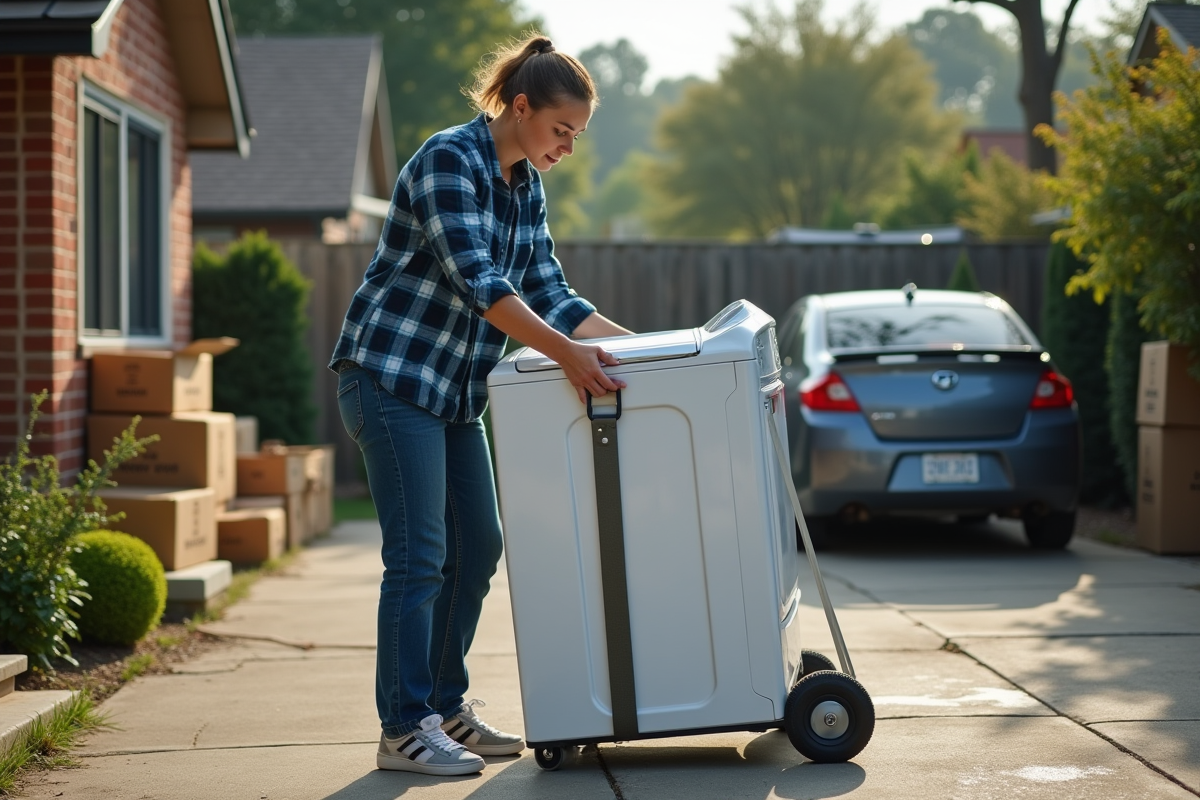Jeune femme attachant une machine à laver sur un chariot dehors