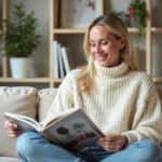 Femme souriante en pull crème dans un salon moderne