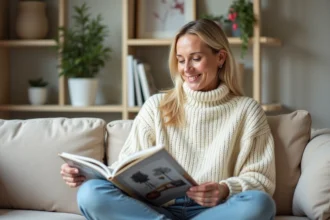 Femme souriante en pull crème dans un salon moderne