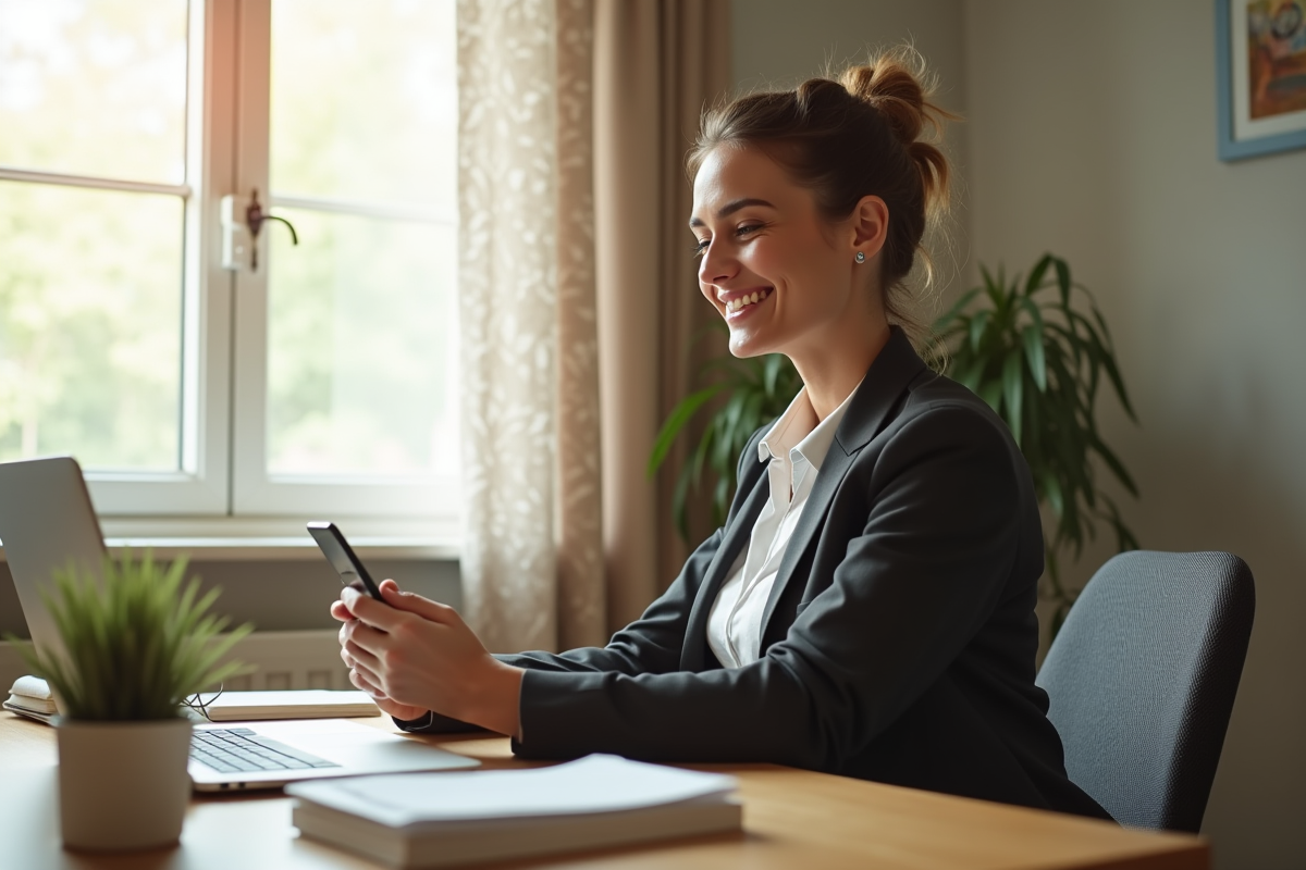Femme souriante utilise son smartphone dans un bureau lumineux