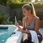Femme vérifiant l'eau d'un spa extérieur avec test