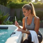 Femme vérifiant l'eau d'un spa extérieur avec test