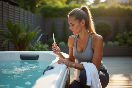 Femme vérifiant l'eau d'un spa extérieur avec test