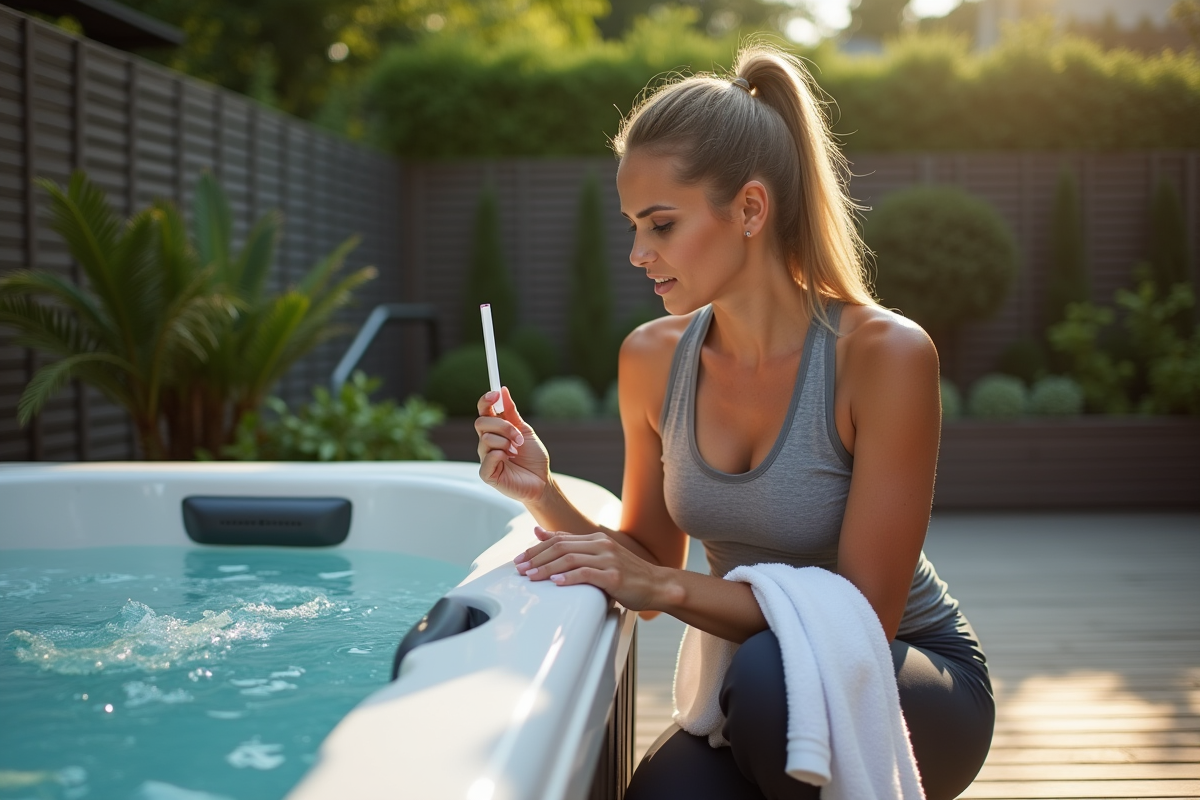 Femme vérifiant l'eau d'un spa extérieur avec test