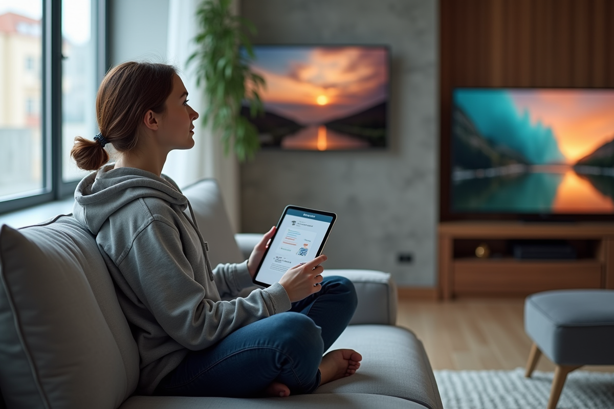 Jeune femme regardant deux télévisions OLED et QLED dans un appartement