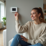 Femme ajustant un thermostat numérique dans un salon cosy