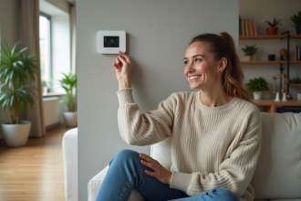 Femme ajustant un thermostat numérique dans un salon cosy