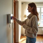 Femme souriante vérifiant un thermostat digital dans un intérieur moderne