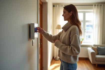 Femme souriante vérifiant un thermostat digital dans un intérieur moderne