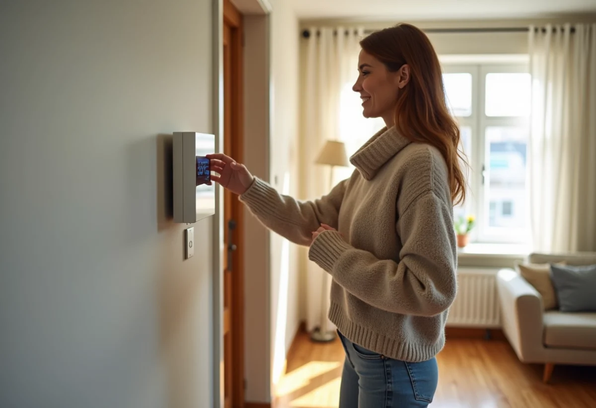 Femme souriante vérifiant un thermostat digital dans un intérieur moderne