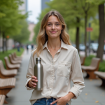 Jeune femme urbaine avec bouteille en inox dans un parc