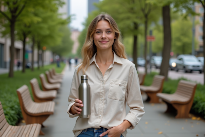 Jeune femme urbaine avec bouteille en inox dans un parc
