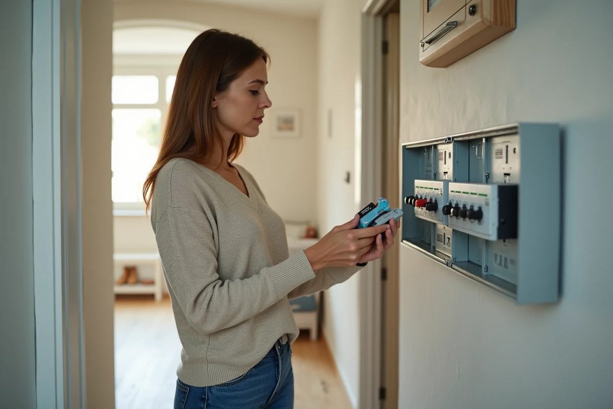 Jeune femme compare deux disjoncteurs dans un tableau électrique