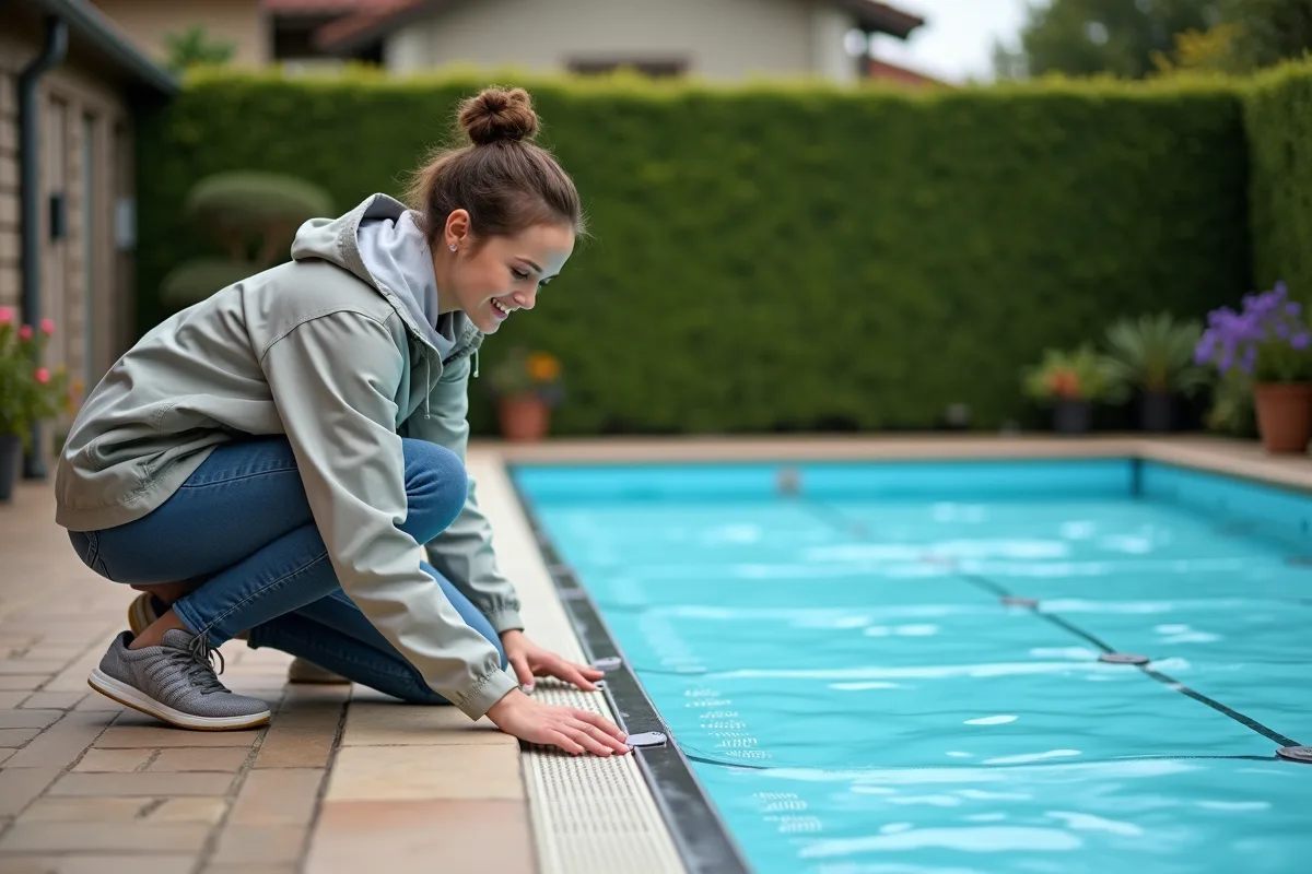Femme ajustant la couverture de piscine dans un jardin