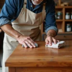 Artisan appliquant une finition huile sur un meuble en bois exotique teck dans un atelier de menuiserie