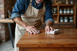 Artisan appliquant une finition huile sur un meuble en bois exotique teck dans un atelier de menuiserie