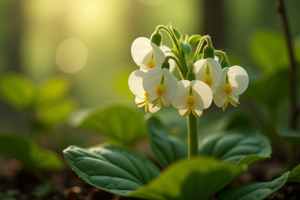 Groupe de fleurs d epimedium dans une forêt lumineuse