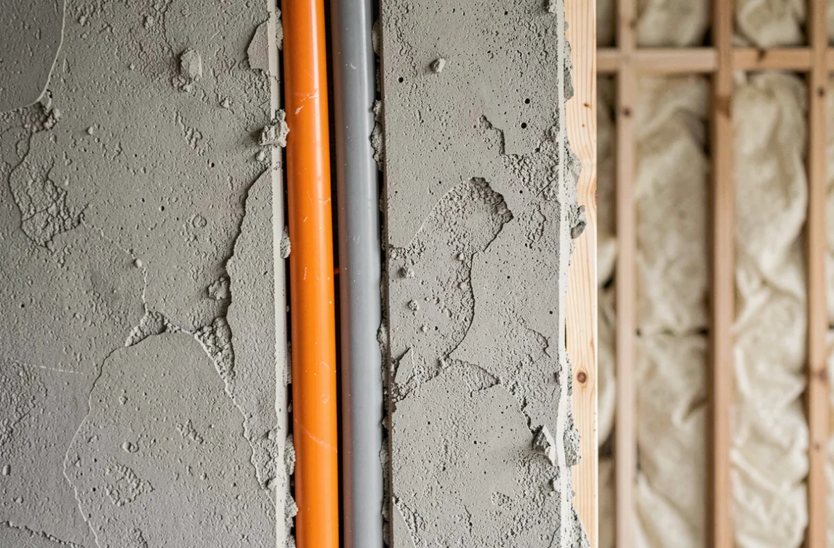 Gaines électriques orange et grise posées dans une saignée de mur avant rebouchage au plâtre lors d'une rénovation