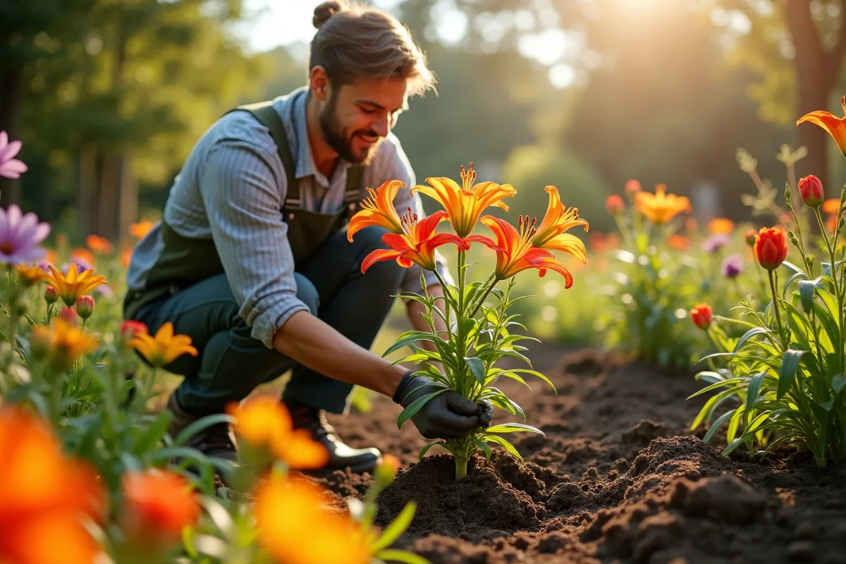 Lys en pleine préparation pour la floraison dans un jardin bien entretenu