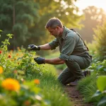 Jardinier observant des plantes infestées par des nuisibles