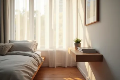 Table de chevet suspendue dans une petite chambre moderne