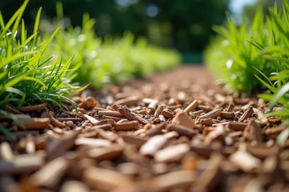 Copeaux de bois utilisés pour le paillage dans un jardin