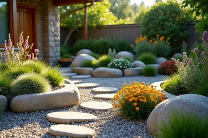 Petit jardin de rocaille avec plantes alpines et pierres décoratives