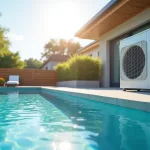 Pompe à chaleur chauffant une piscine sous le soleil d'été